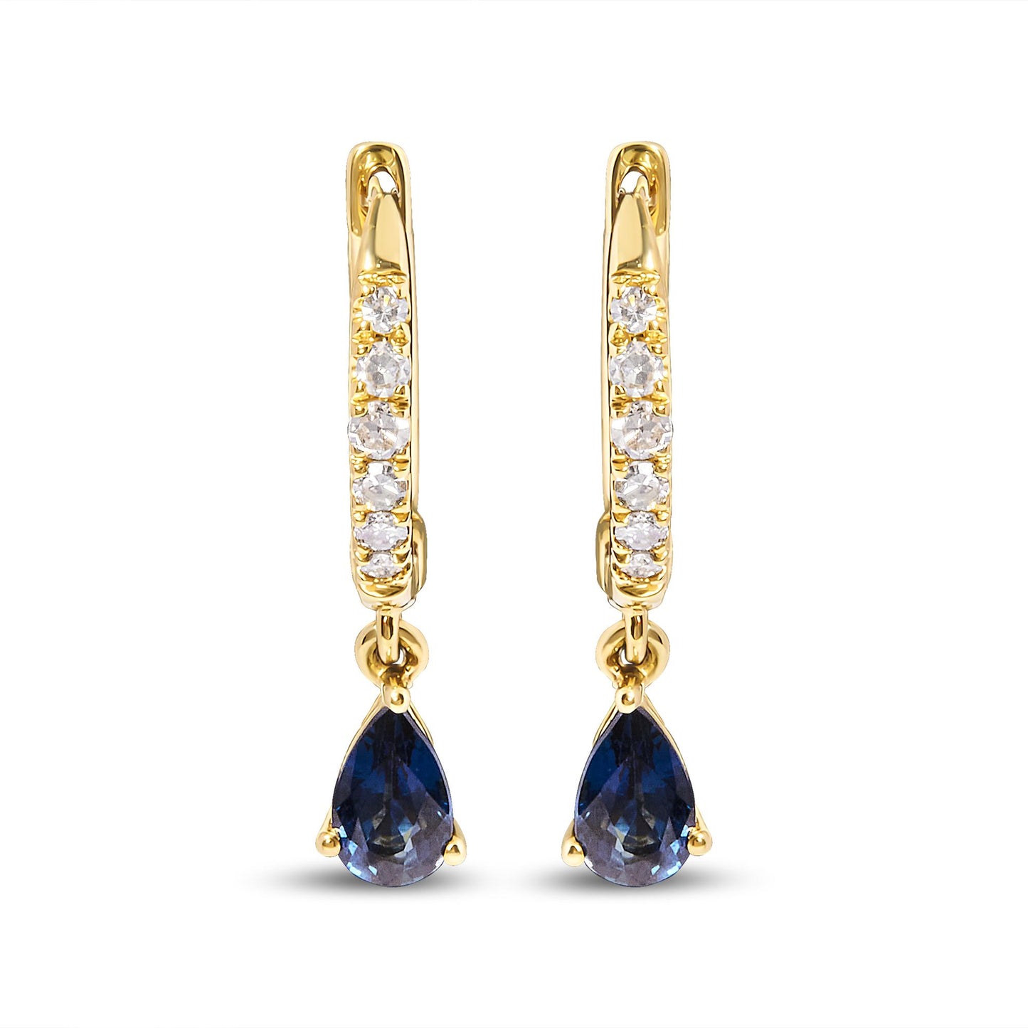 Front-facing shot of yellow metal earrings with a row of white round pave-set gemstones on the hoop and a dangling pear-shaped blue gemstone at the bottom.