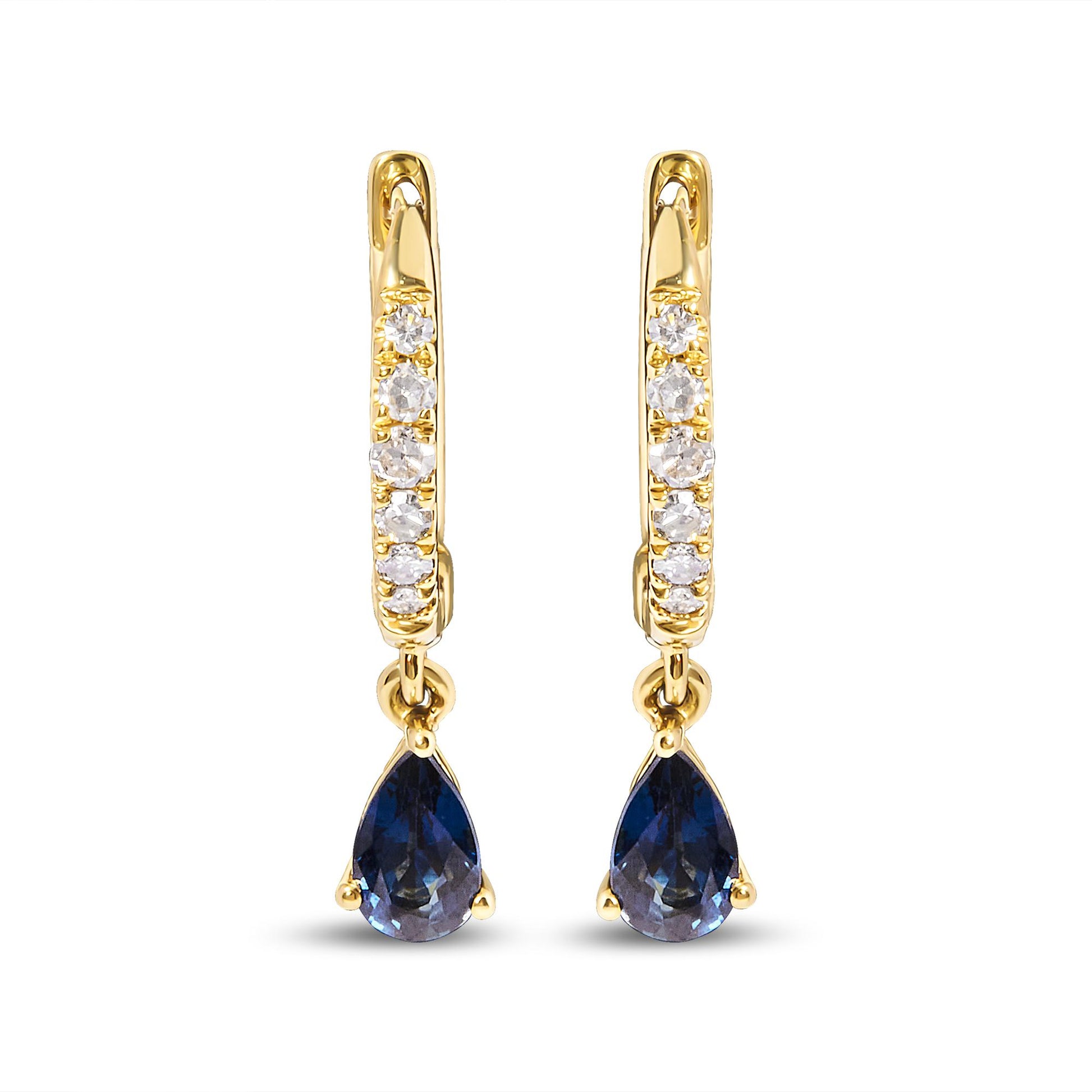 Front-facing shot of yellow metal earrings with a row of white round pave-set gemstones on the hoop and a dangling pear-shaped blue gemstone at the bottom.