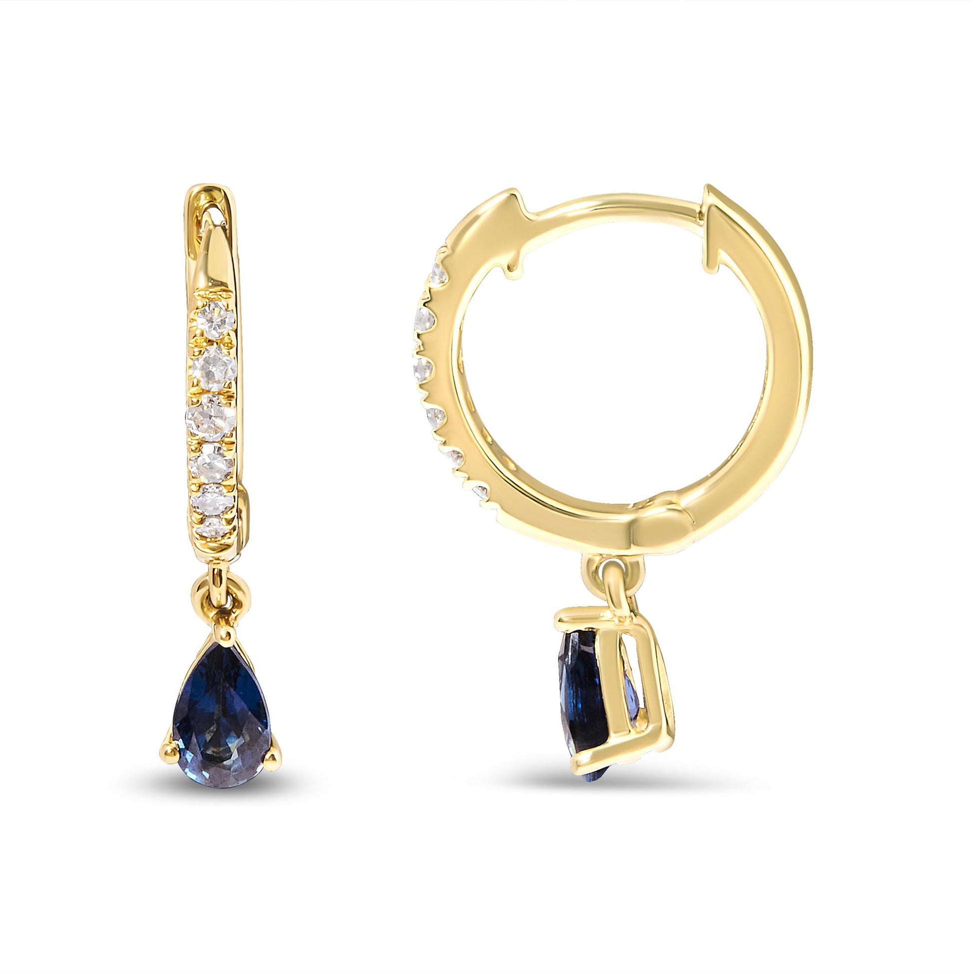 Front and side view of yellow hoop earrings with small white gemstones along the hoops and a dangling pear-shaped blue gemstone.