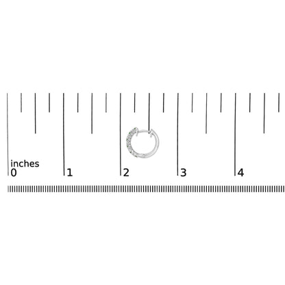 Close-up front angle of a white metal hoop earring with alternating round white and green gemstones set in prongs, shown on a ruler scale.