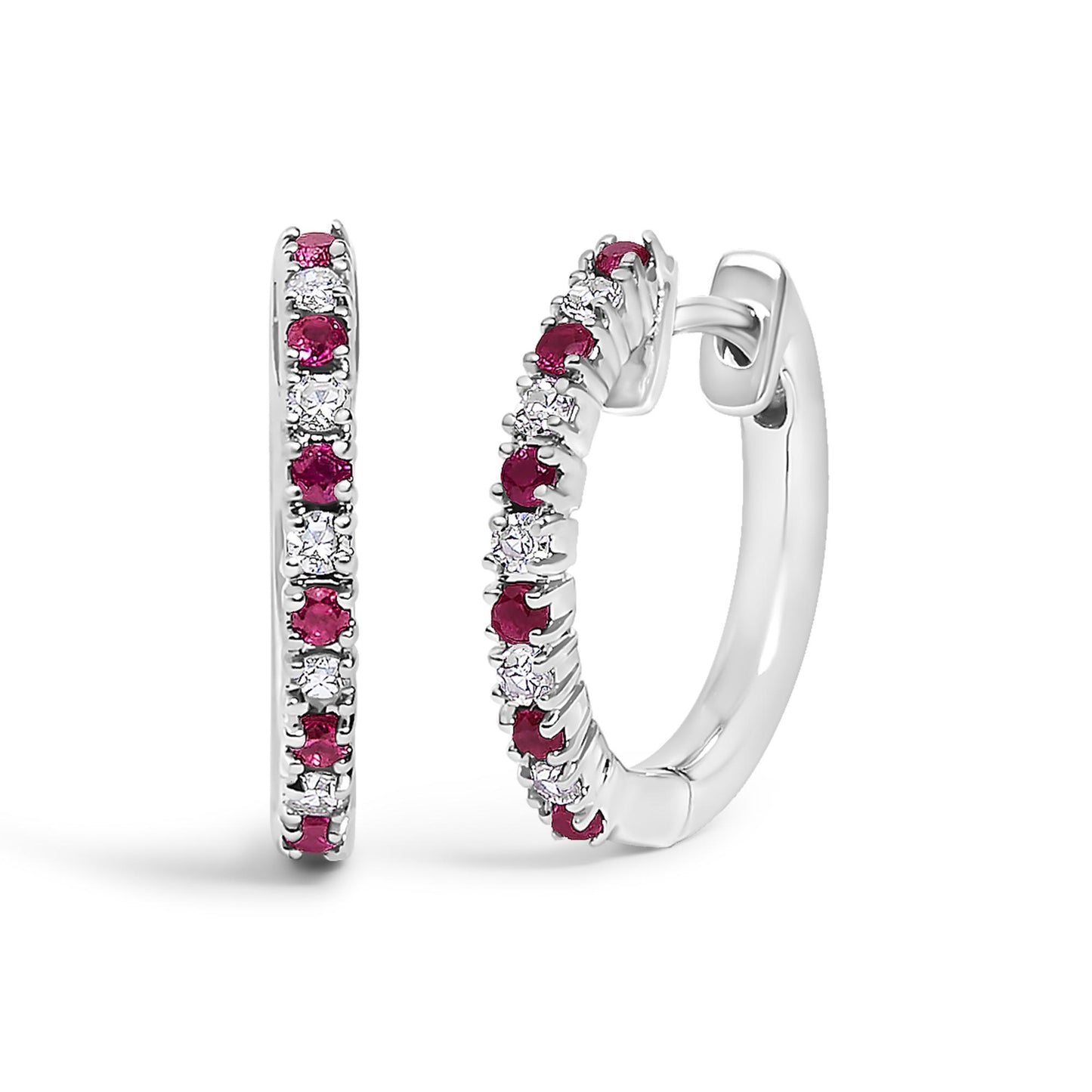 Close-up front and side view of a pair of white hoop earrings set with alternating round white and red gemstones in prong settings.