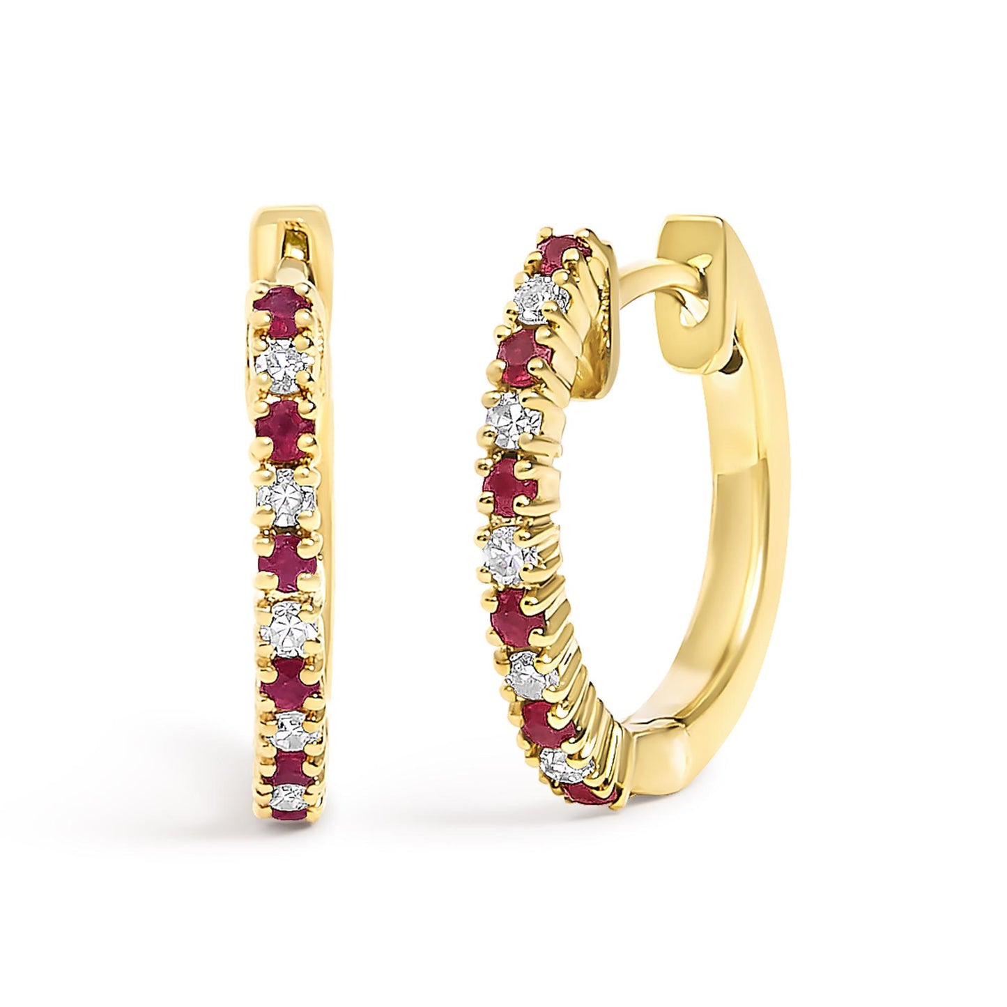 Pair of yellow metal hoop earrings with alternating small red and white gemstones set in prongs, shown at a slight angle on a white background.