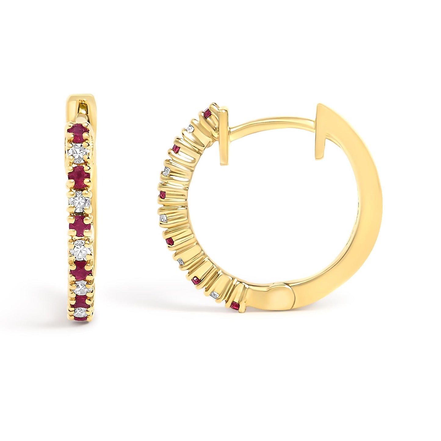 Pair of yellow metal hoop earrings shown from front and side angles, set with alternating red and white round gemstones in prong settings.