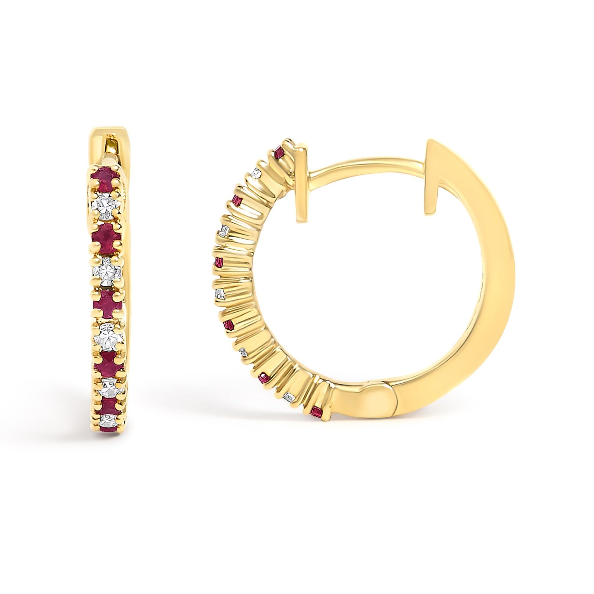 Pair of yellow metal hoop earrings shown from front and side angles, set with alternating red and white round gemstones in prong settings.
