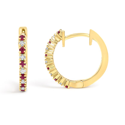 Pair of yellow metal hoop earrings shown from front and side angles, set with alternating red and white round gemstones in prong settings.