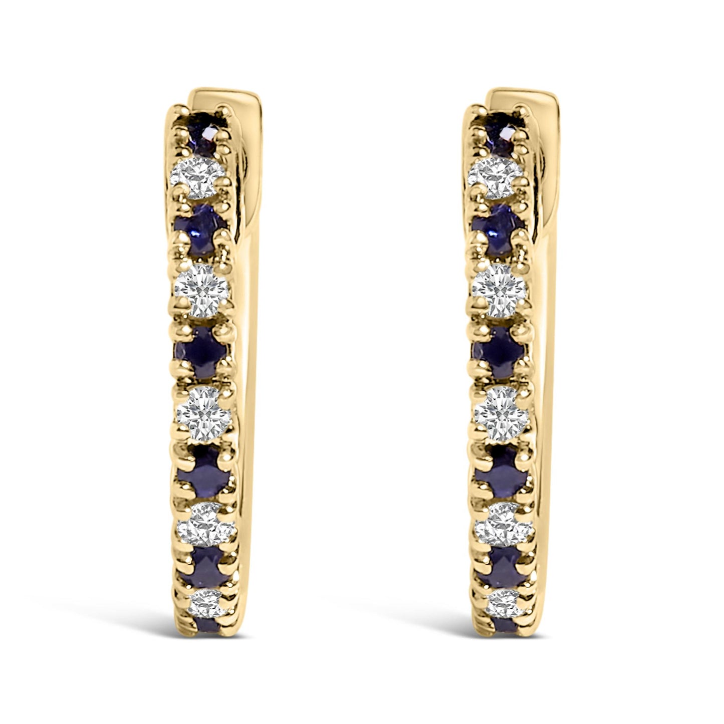 Front view of a pair of yellow metal hoop earrings set with alternating round white and blue gemstones in prong settings.