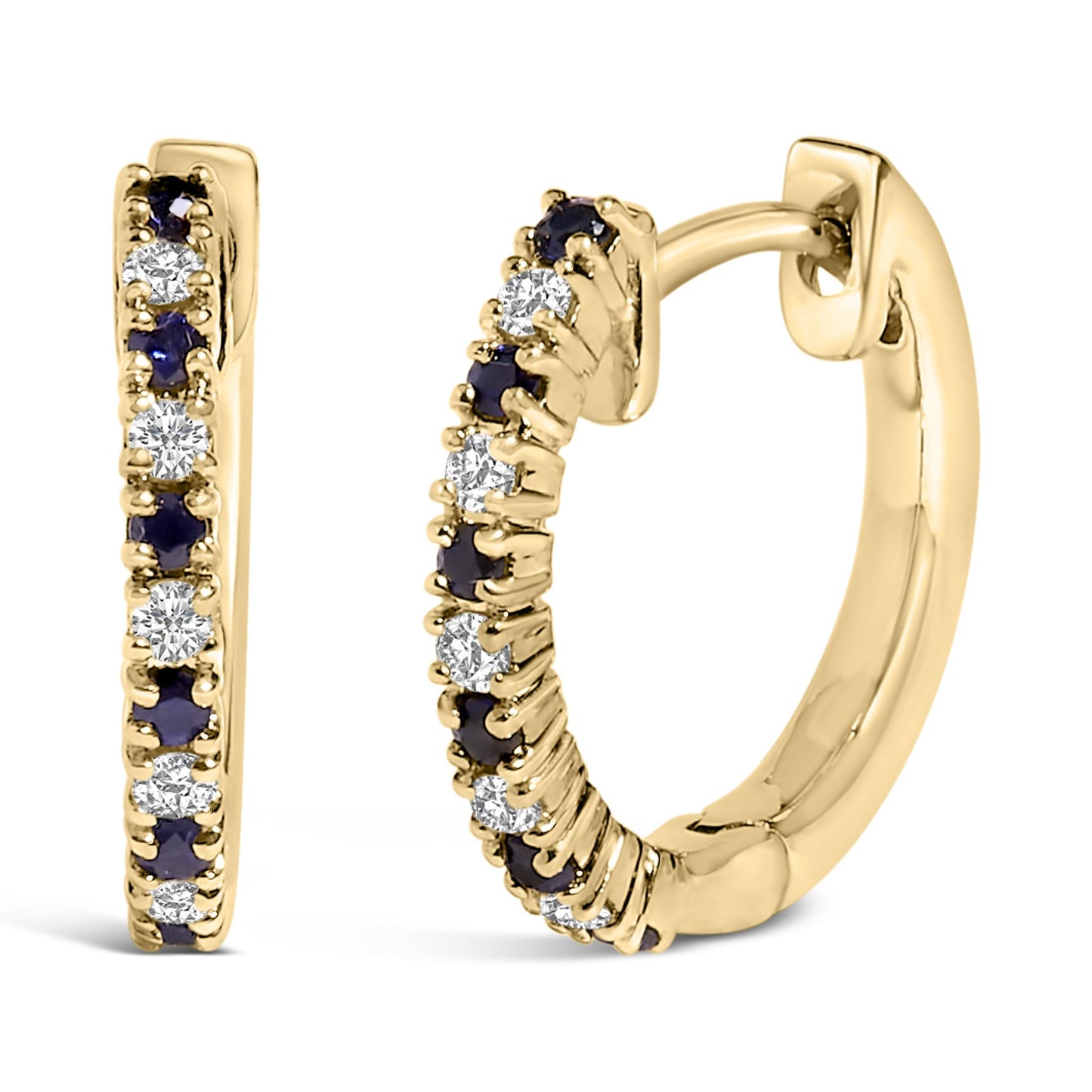 Close-up front and side view of a pair of yellow metal hoop earrings set with alternating round white and blue gemstones in prong settings.
