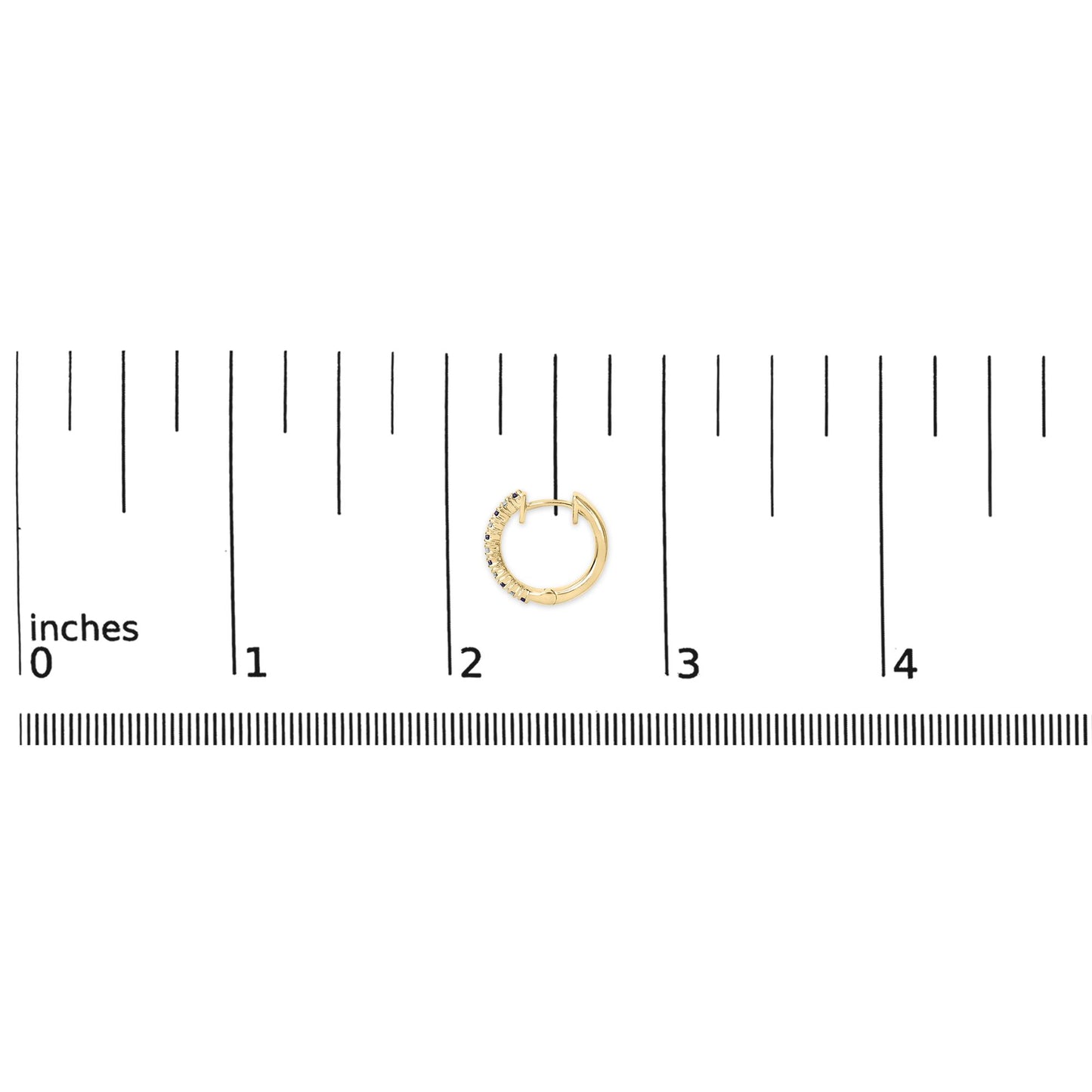 Yellow metal hoop earring with prong-set white and blue round gemstones, shown on a ruler scale from top view.