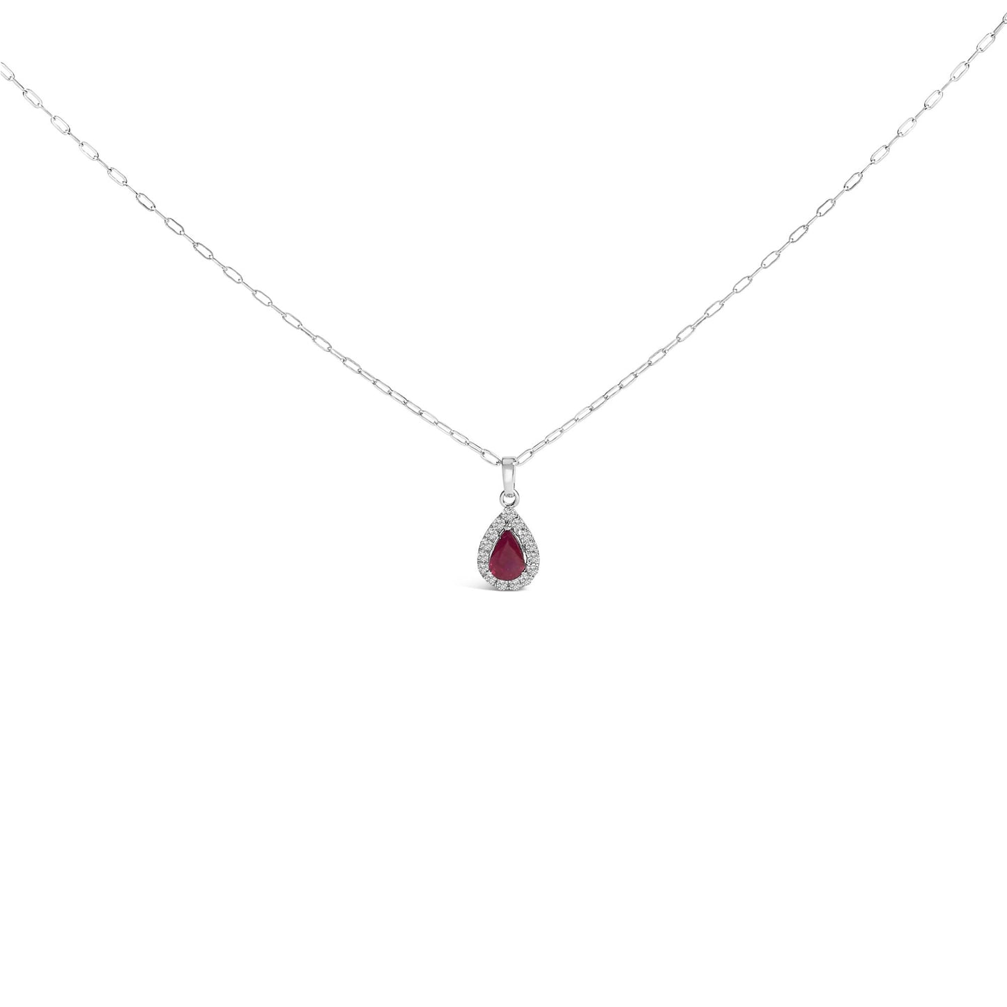 Front view of a white metal necklace with a pear-shaped red gemstone pendant surrounded by round white gemstones in a micro-pave setting, shown on a white background.