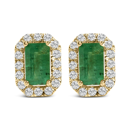 Pair of yellow metal stud earrings with rectangular green gemstones in the center, surrounded by small round white gemstones, shown from the front on a white background.