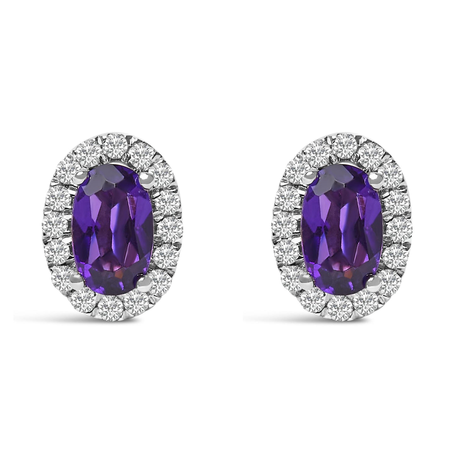 Front view of white metal earrings with oval purple gemstones in four-prong settings, surrounded by a halo of round white gemstones in a pave setting.