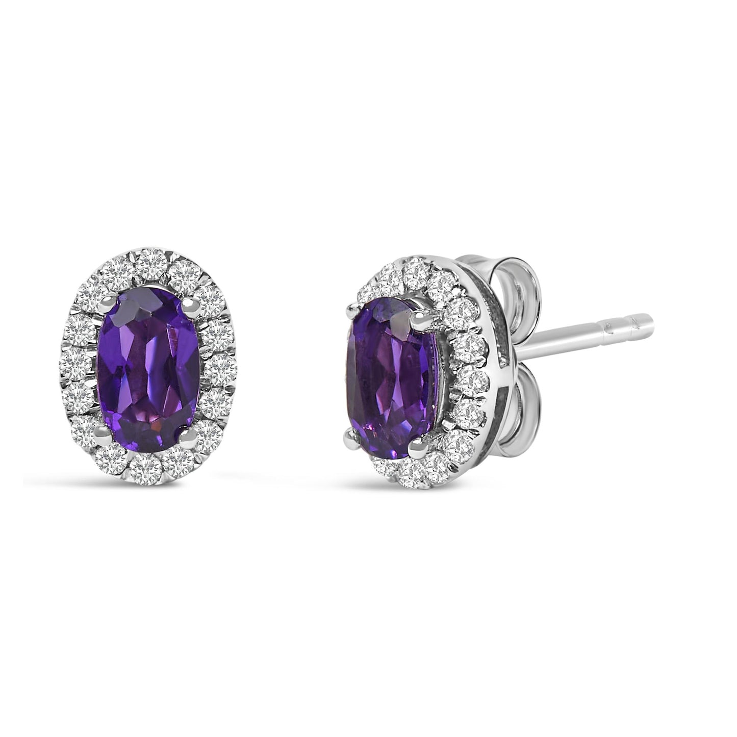 Pair of white metal stud earrings with oval purple gemstones surrounded by a halo of round white gemstones, shown from front and side angles.