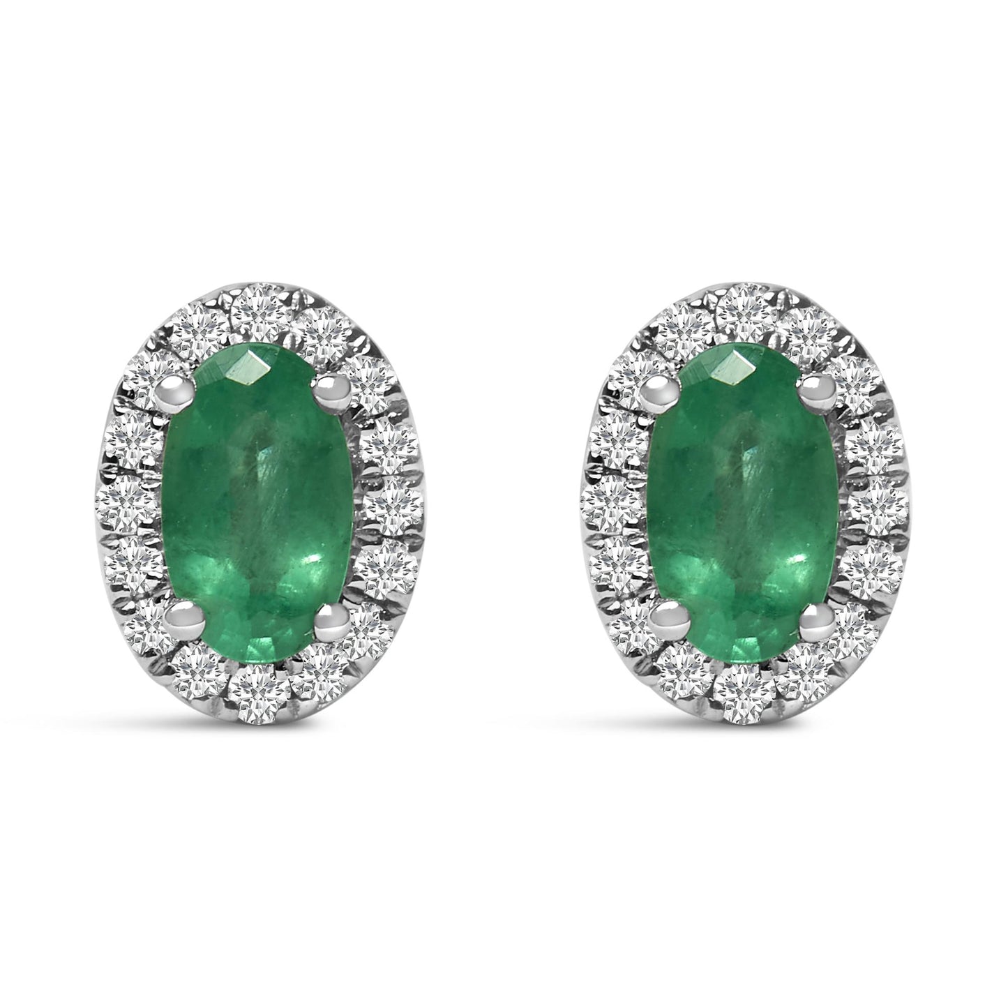 Front view of white metal oval earrings featuring a green oval gemstone surrounded by a halo of round white gemstones in pave setting.