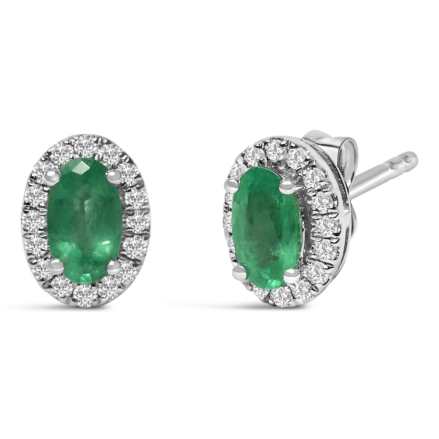 Pair of white metal stud earrings with oval green gemstones at center, surrounded by small round white gemstones in pave setting, shown from front and side angles.