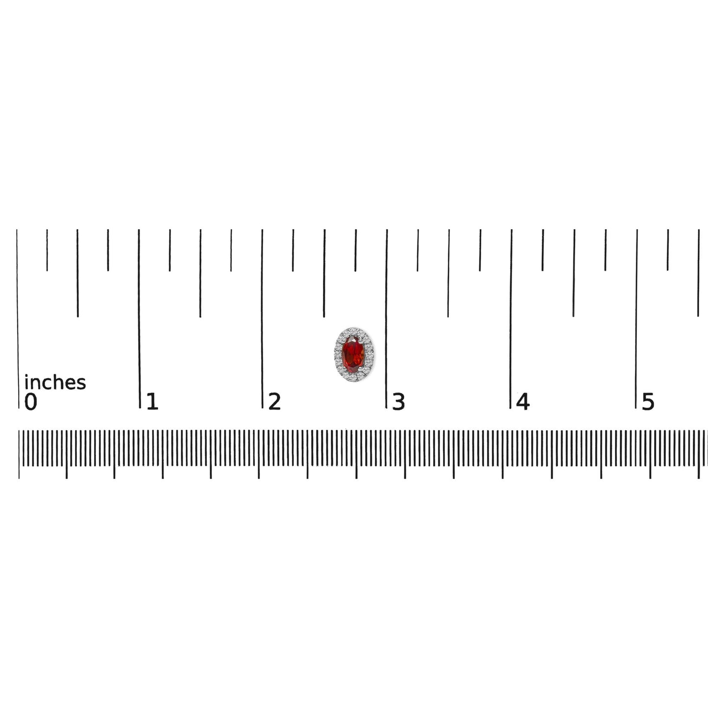 White metal earring with a red oval gemstone surrounded by a halo of round white gemstones, shown on a ruler for size reference, front-facing angle.