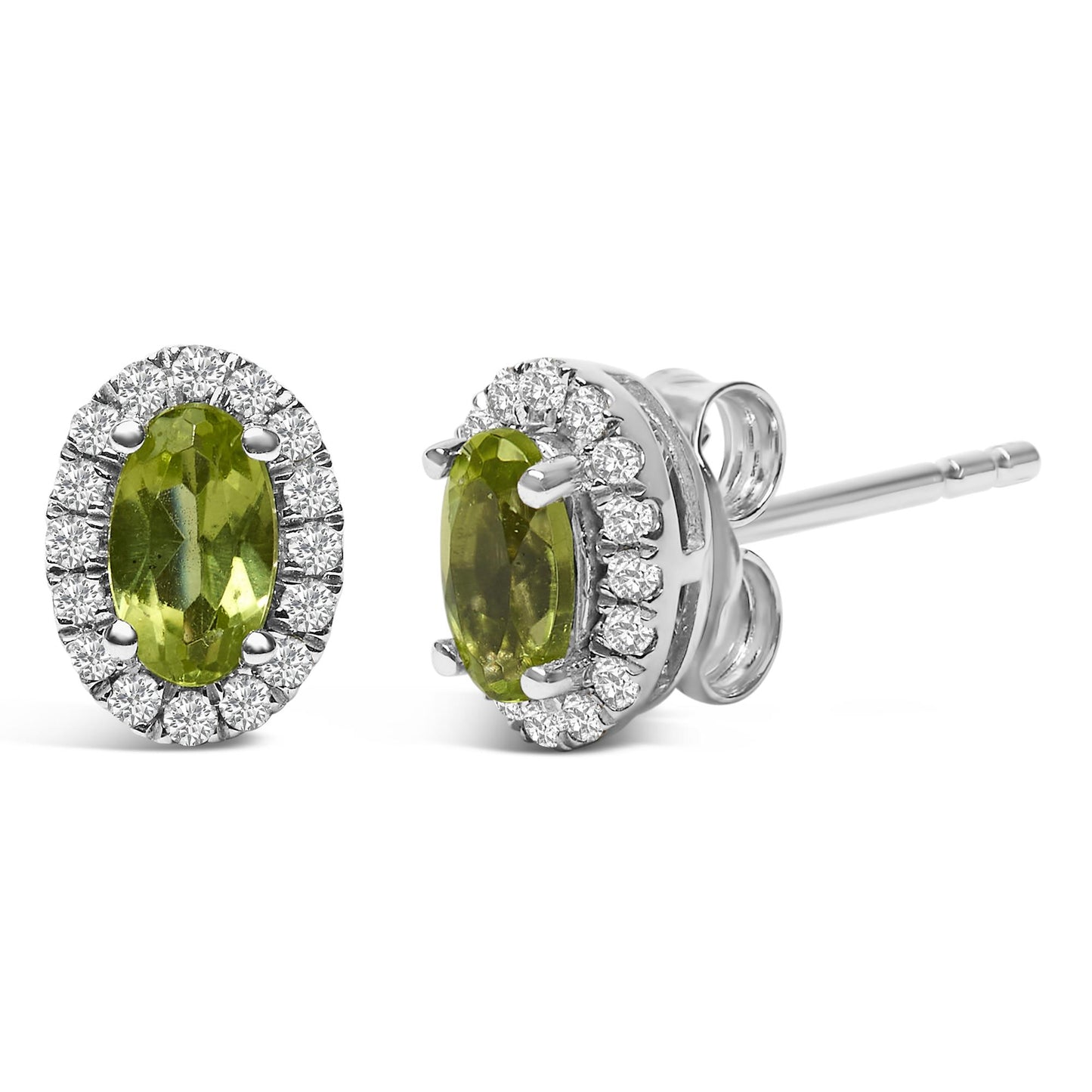 Pair of white metal stud earrings shown from front and side angles, each featuring an oval green gemstone surrounded by small round white gemstones in a pave setting.