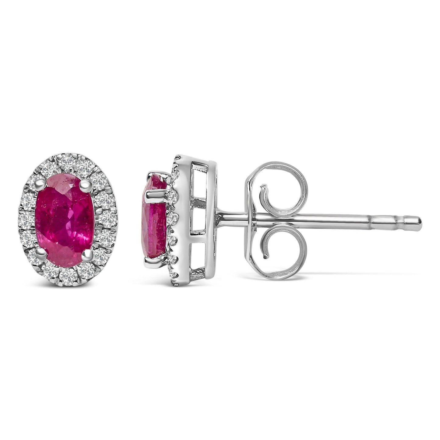 Pair of white metal stud earrings with central red oval gemstones surrounded by a halo of small white round gemstones, shown in front and side angles.