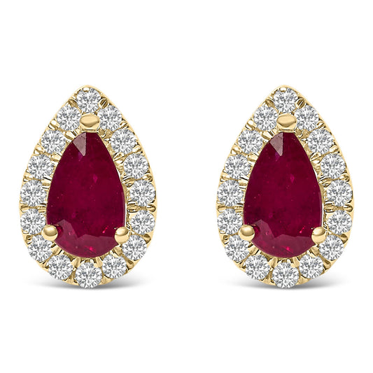 Pair of yellow metal earrings with pear-shaped red gemstones in the center surrounded by small round white gemstones, shown from the front angle.