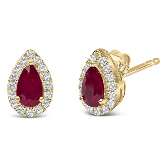 Pair of yellow metal stud earrings with pear-shaped red gemstones surrounded by round white gemstones in a pave setting, shown at a slight angle.