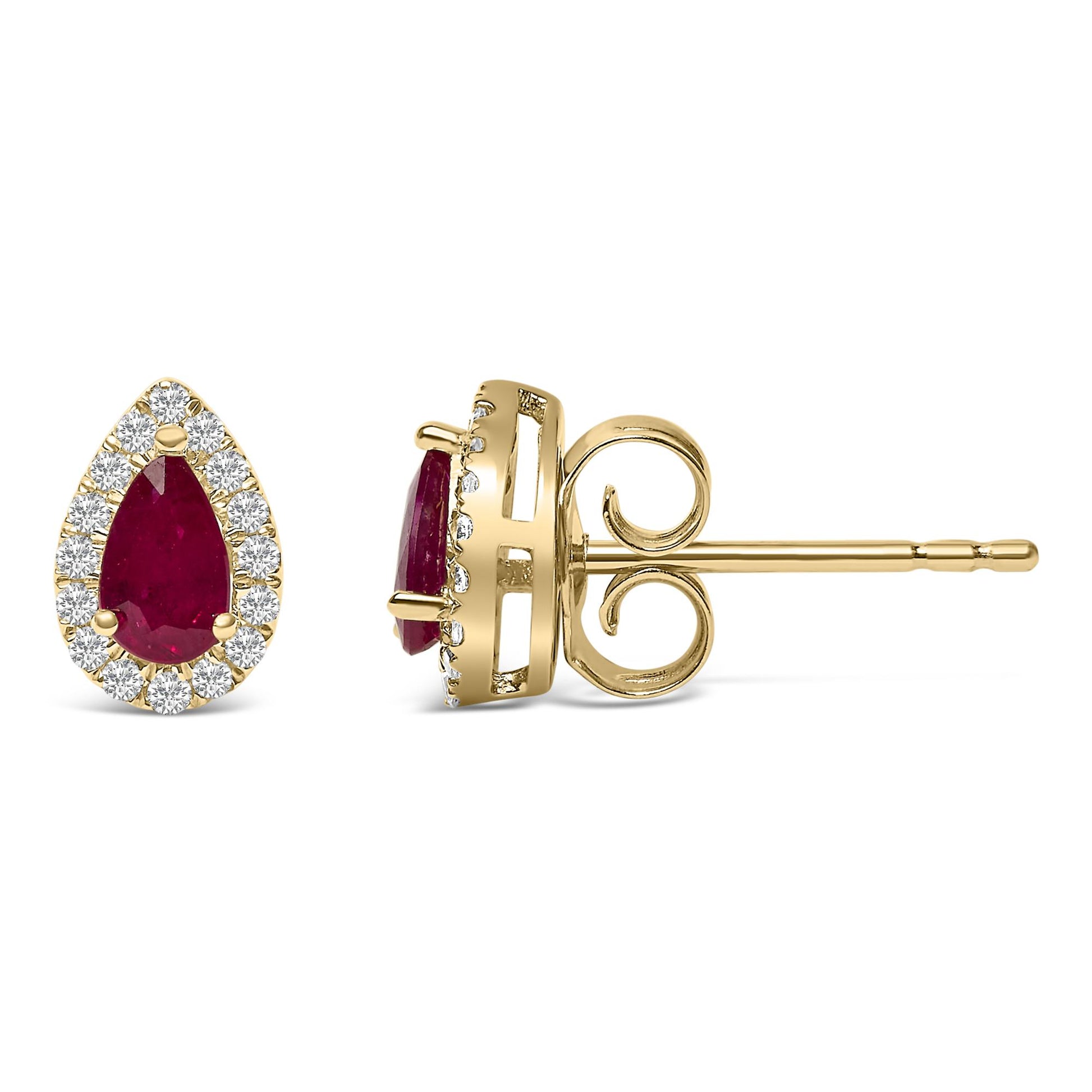 Pair of yellow metal earrings with pear-shaped red gemstones surrounded by a halo of round white gemstones, shown in a front and side angle view.