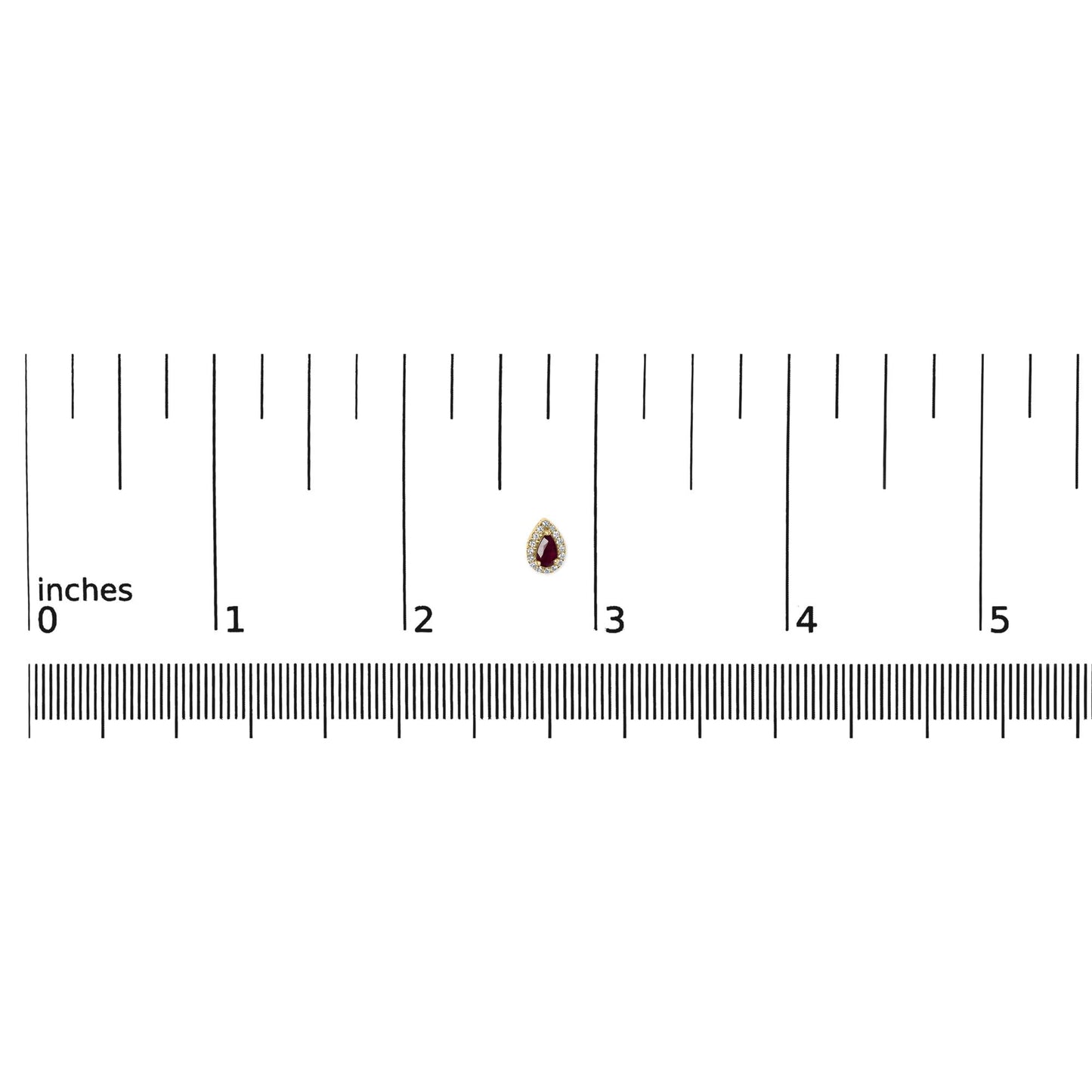 Close-up front view of a yellow metal earring with a pear-shaped red gemstone surrounded by pave-set round white gemstones, shown on a ruler for size reference.