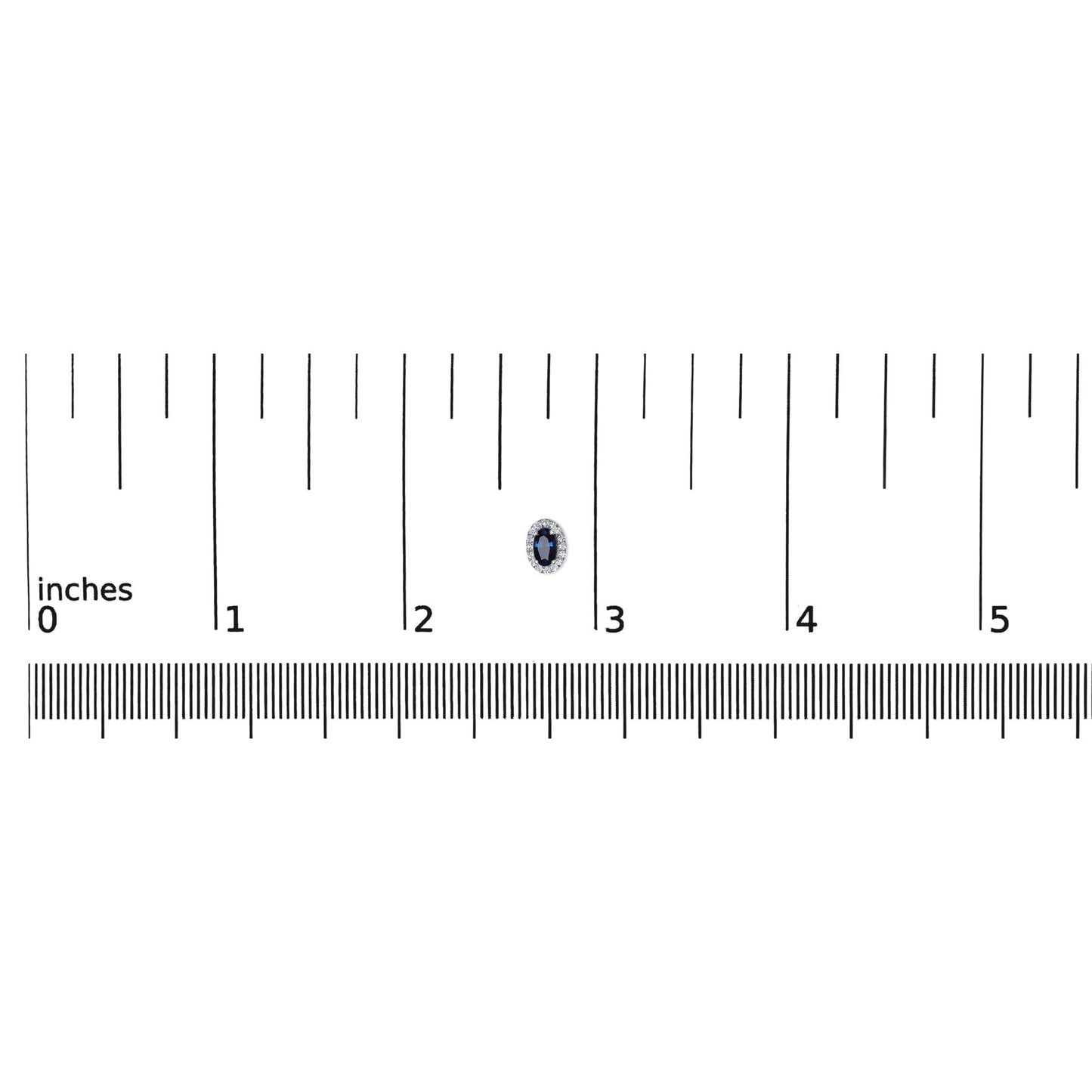 Close-up front view of a white metal earring with an oval blue gemstone in the center surrounded by small round white gemstones, shown on a ruler for size reference.