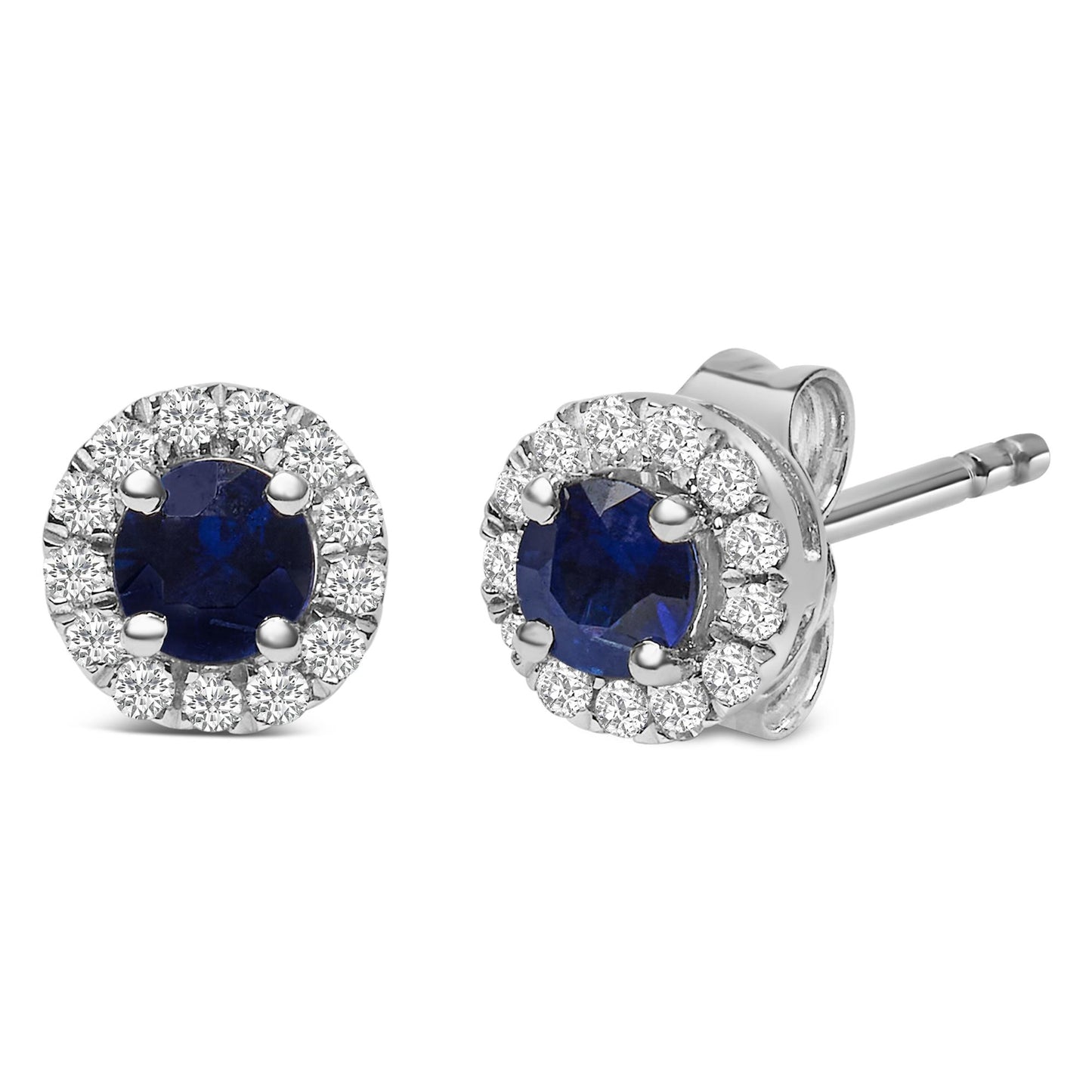 Front and side view of white metal stud earrings with a central round blue gemstone surrounded by a halo of small round white gemstones in pave setting.