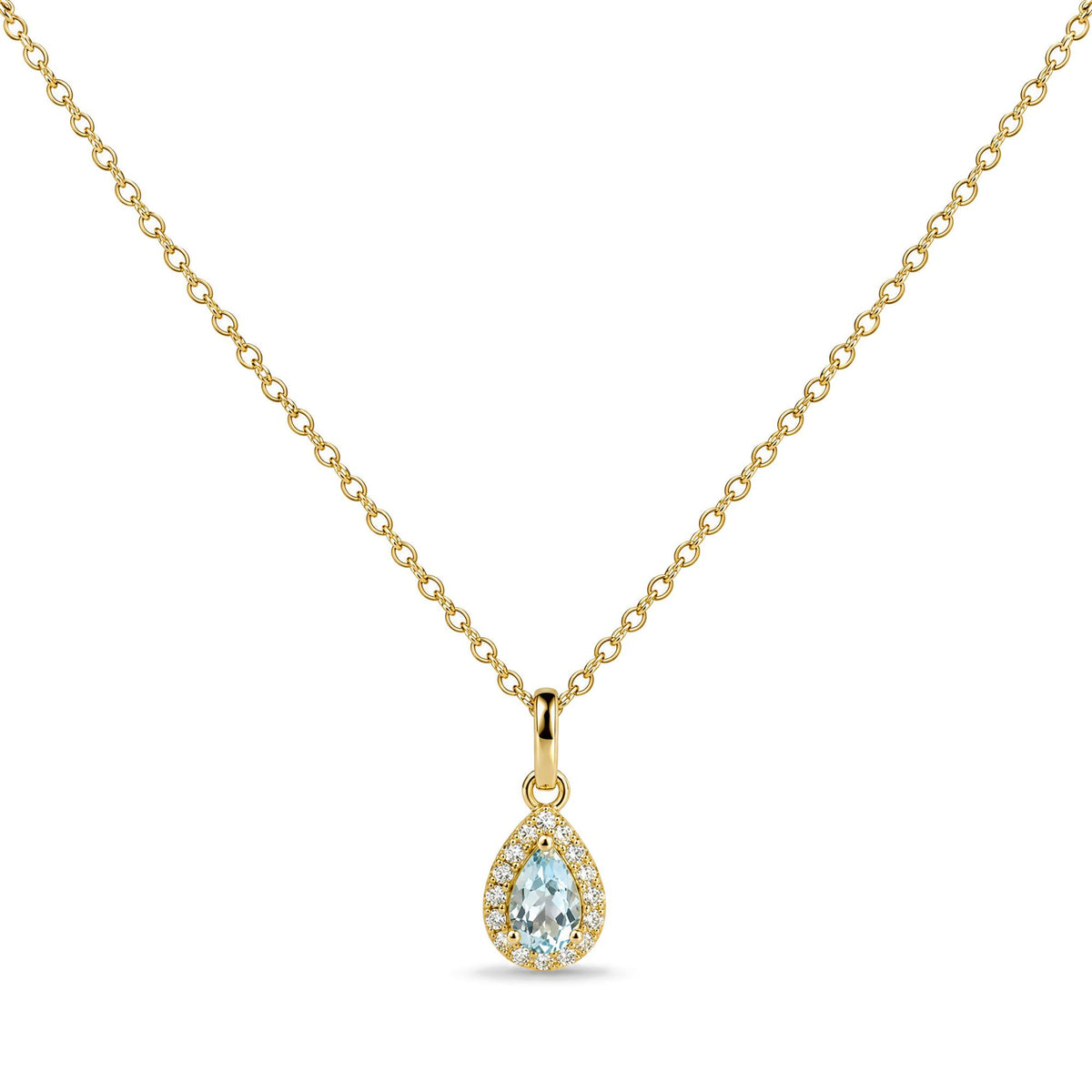 Close-up front view of a yellow metal necklace with a pear-shaped blue gemstone pendant surrounded by small round white gemstones in prong settings.