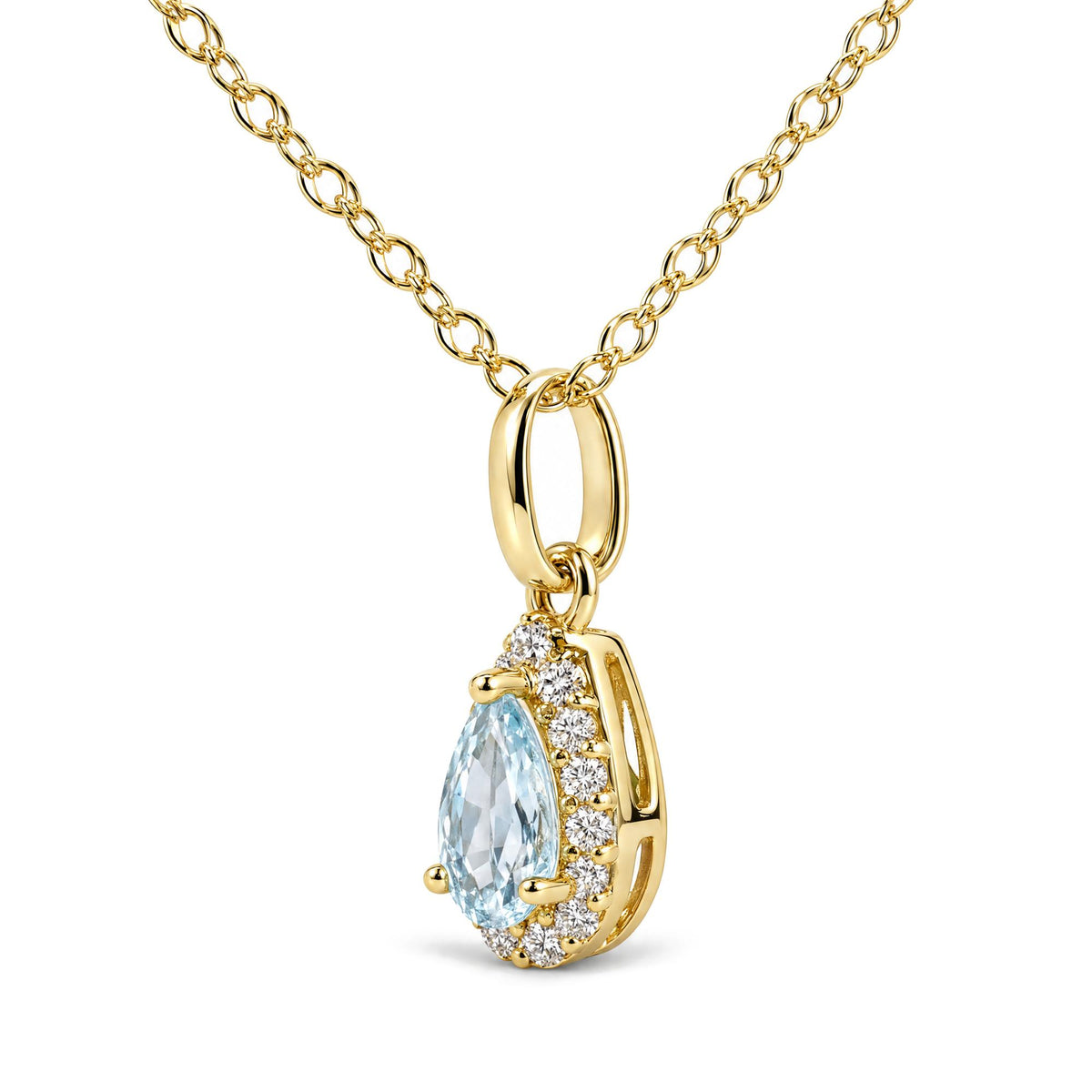 Close-up front view of a yellow chain necklace with a pear-shaped blue gemstone pendant surrounded by small white gemstones.