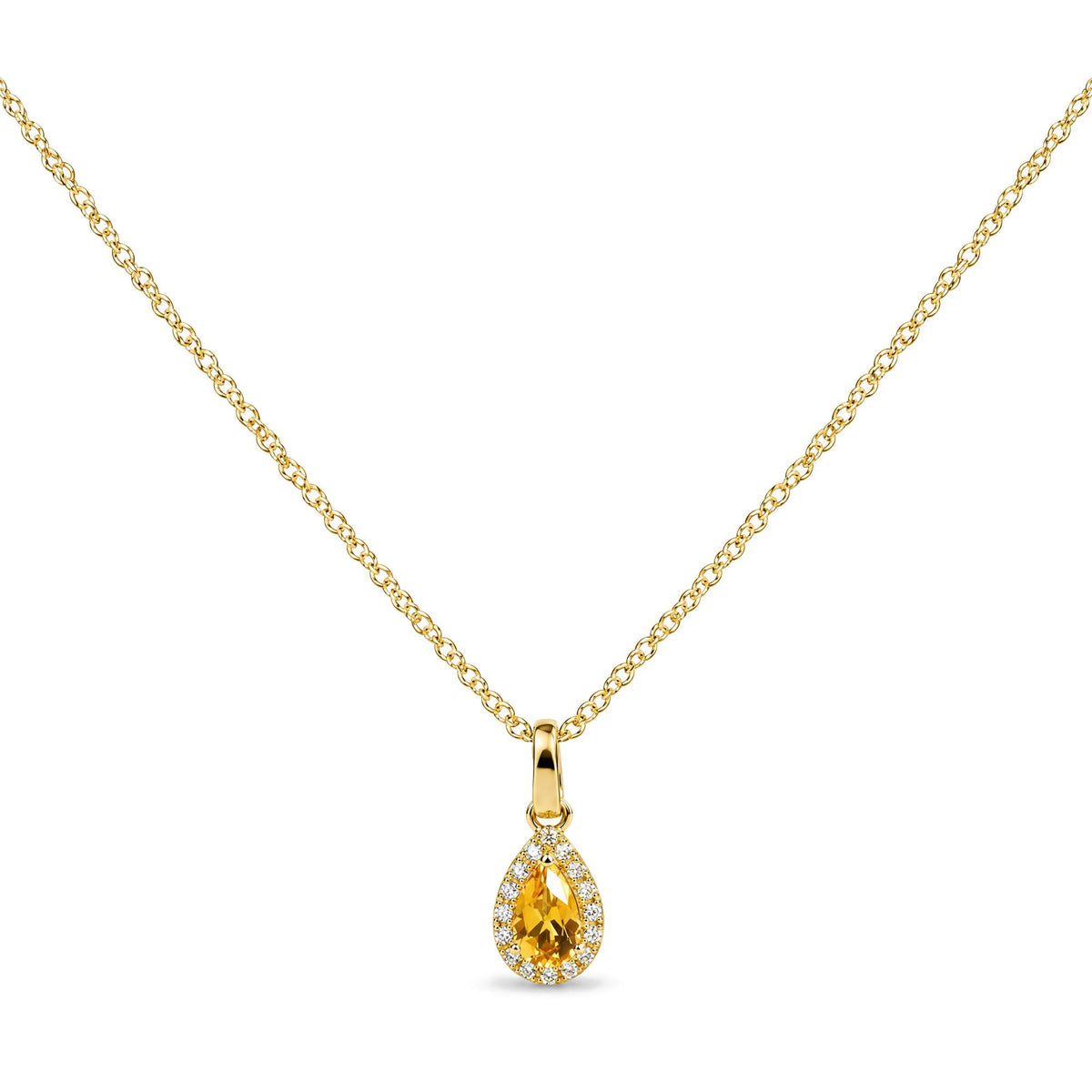 Close-up front view of a yellow metal necklace with a pear-shaped yellow gemstone pendant surrounded by round white gemstones in prong settings.