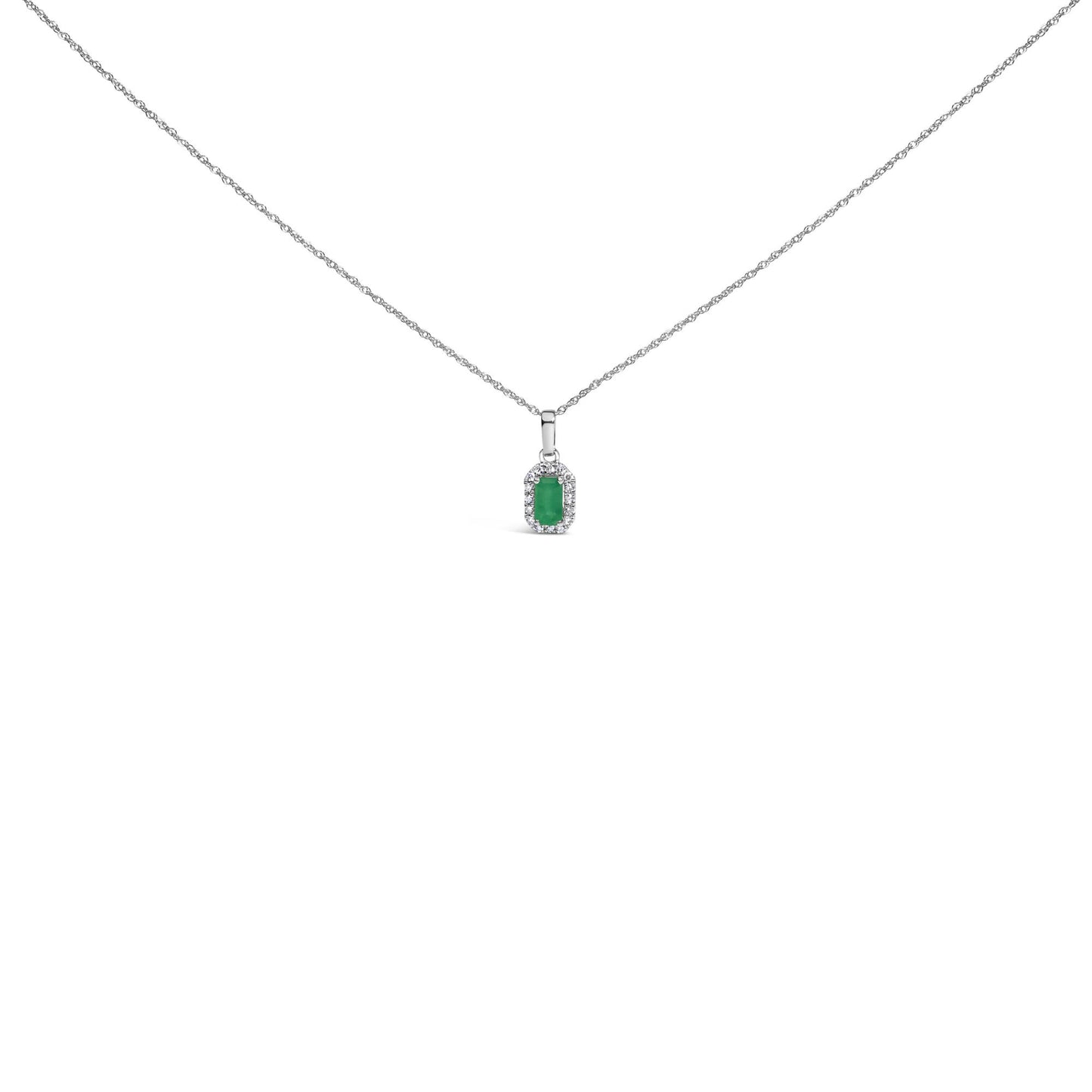 Front view of a white metal necklace featuring a rectangular green gemstone pendant surrounded by small round white gemstones in a micro-pave setting.
