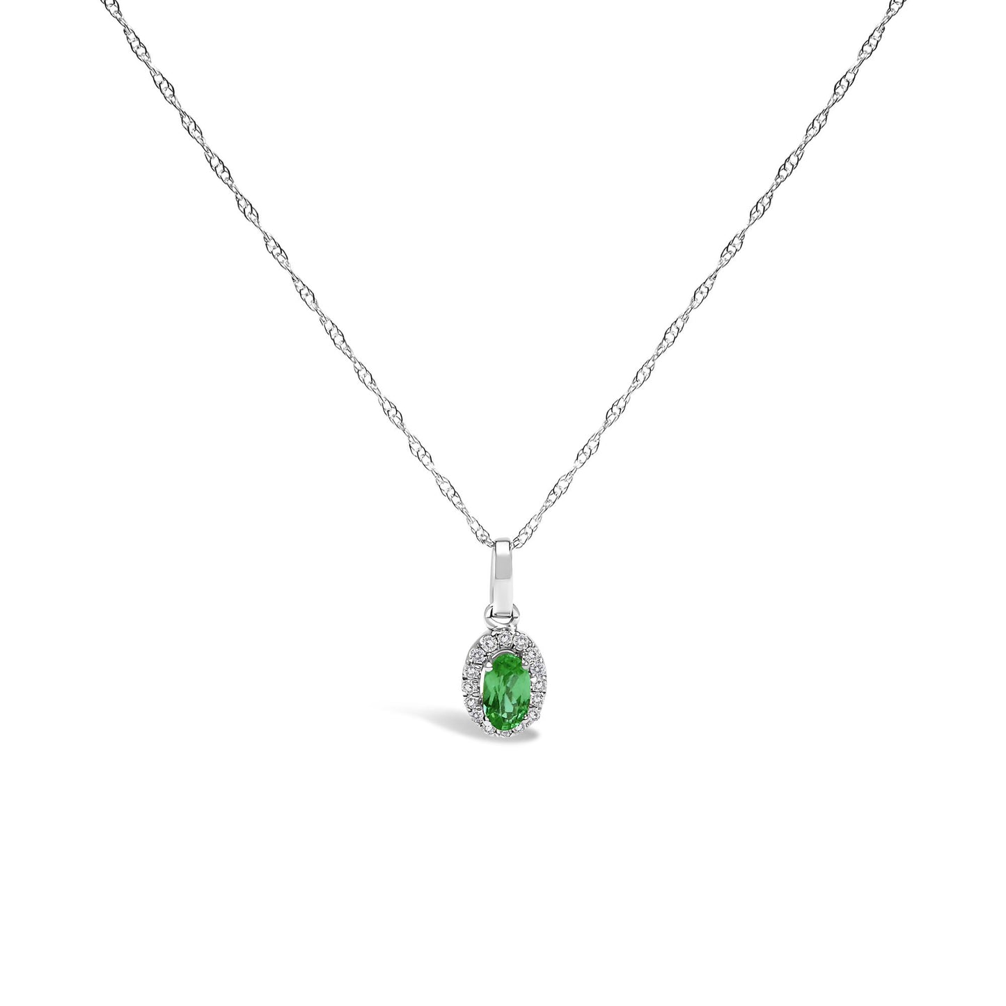 Front view of a white metal necklace with a pendant featuring an oval green gemstone surrounded by small round white gemstones in a micro-pave setting.