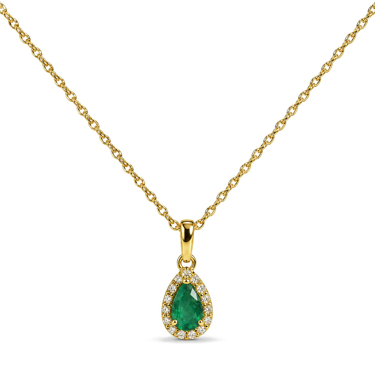 Close-up front view of a yellow necklace with a pear-shaped green gemstone pendant surrounded by small round white gemstones, shown on a white background.