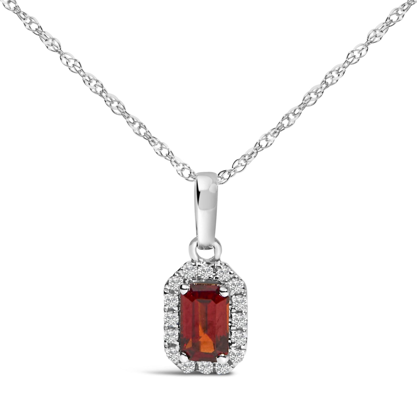 White metal necklace with a rectangular red gemstone pendant surrounded by small round white gemstones, shown in a front-facing shot.
