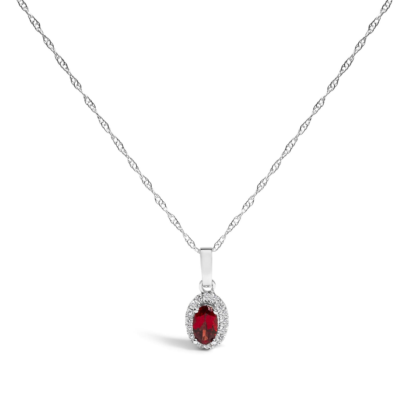 White metal necklace with a pendant featuring a red oval gemstone surrounded by white round gemstones in a micro-pave setting, shown in a front-facing angle.