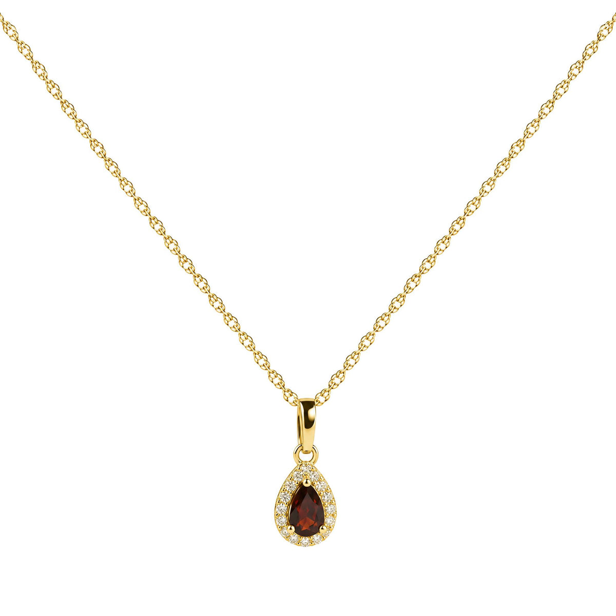 Close-up front view of a yellow necklace with a pear-shaped red gemstone pendant surrounded by small round white gemstones, shown on a white background.