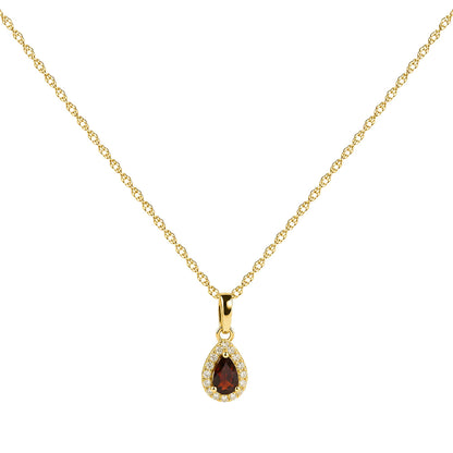 Close-up front view of a yellow necklace with a pear-shaped red gemstone pendant surrounded by small round white gemstones, shown on a white background.