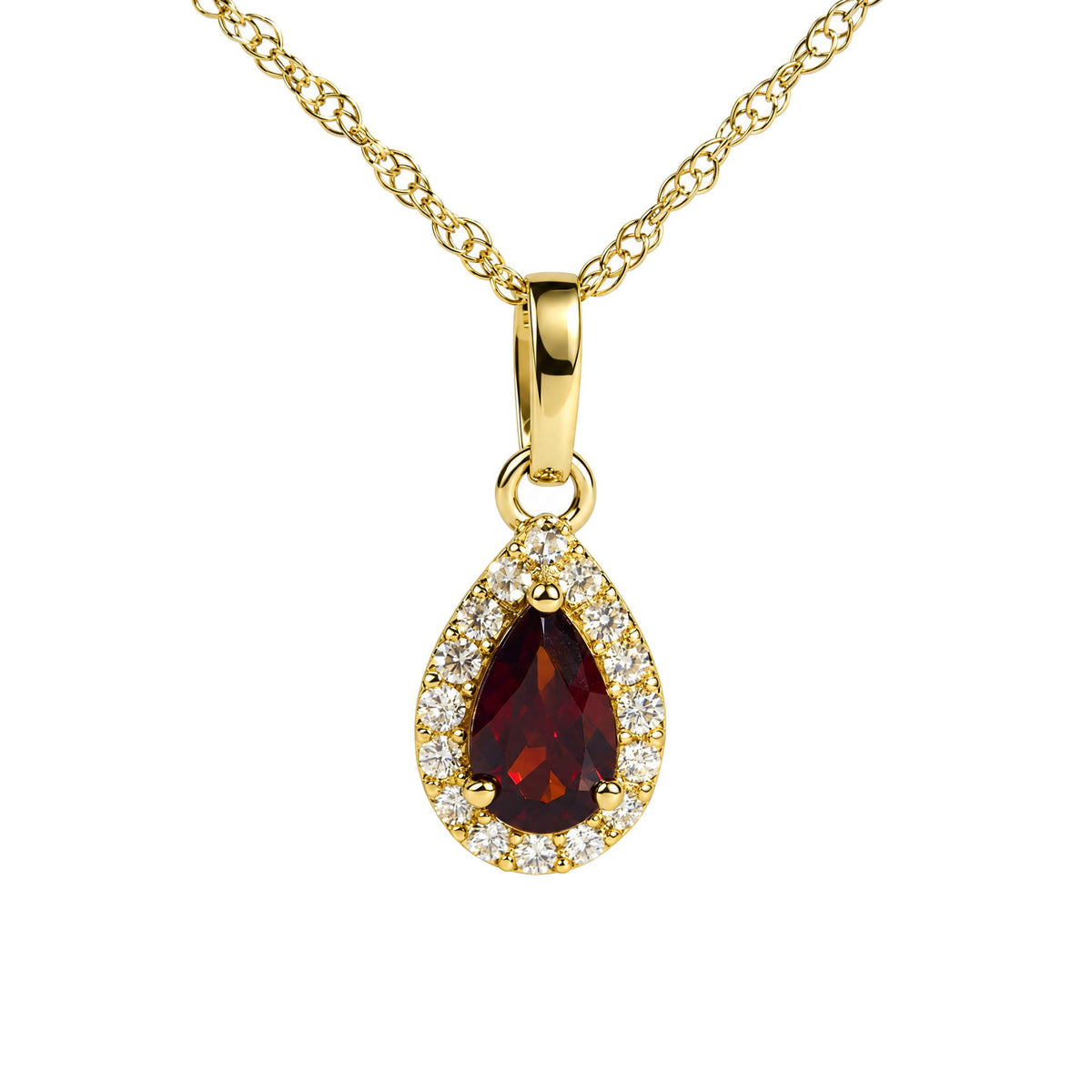 Close-up front angle of a yellow metal necklace with a pear-shaped red gemstone pendant surrounded by round white gemstones in prong settings.