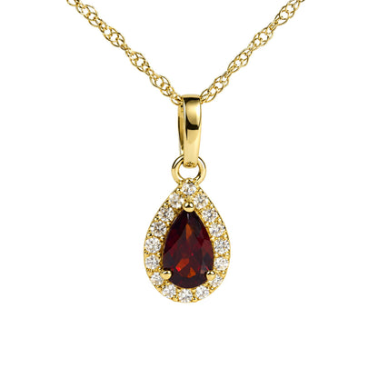 Close-up front angle of a yellow metal necklace with a pear-shaped red gemstone pendant surrounded by round white gemstones in prong settings.