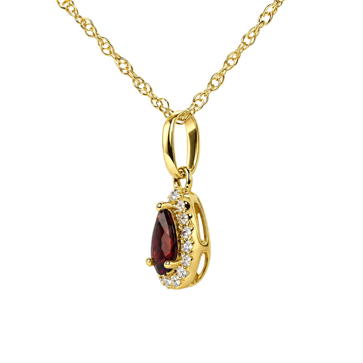 Close-up front view of a yellow metal necklace with an oval link and a pear-shaped red gemstone pendant surrounded by multiple small round white gemstones, shown on a white background.
