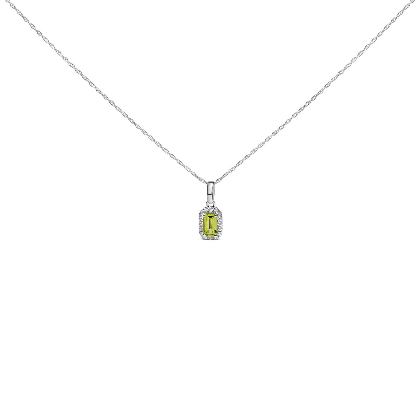 Front view of a white necklace with a pendant featuring a yellow emerald-shaped gemstone surrounded by small round white gemstones in a micro-pave setting.