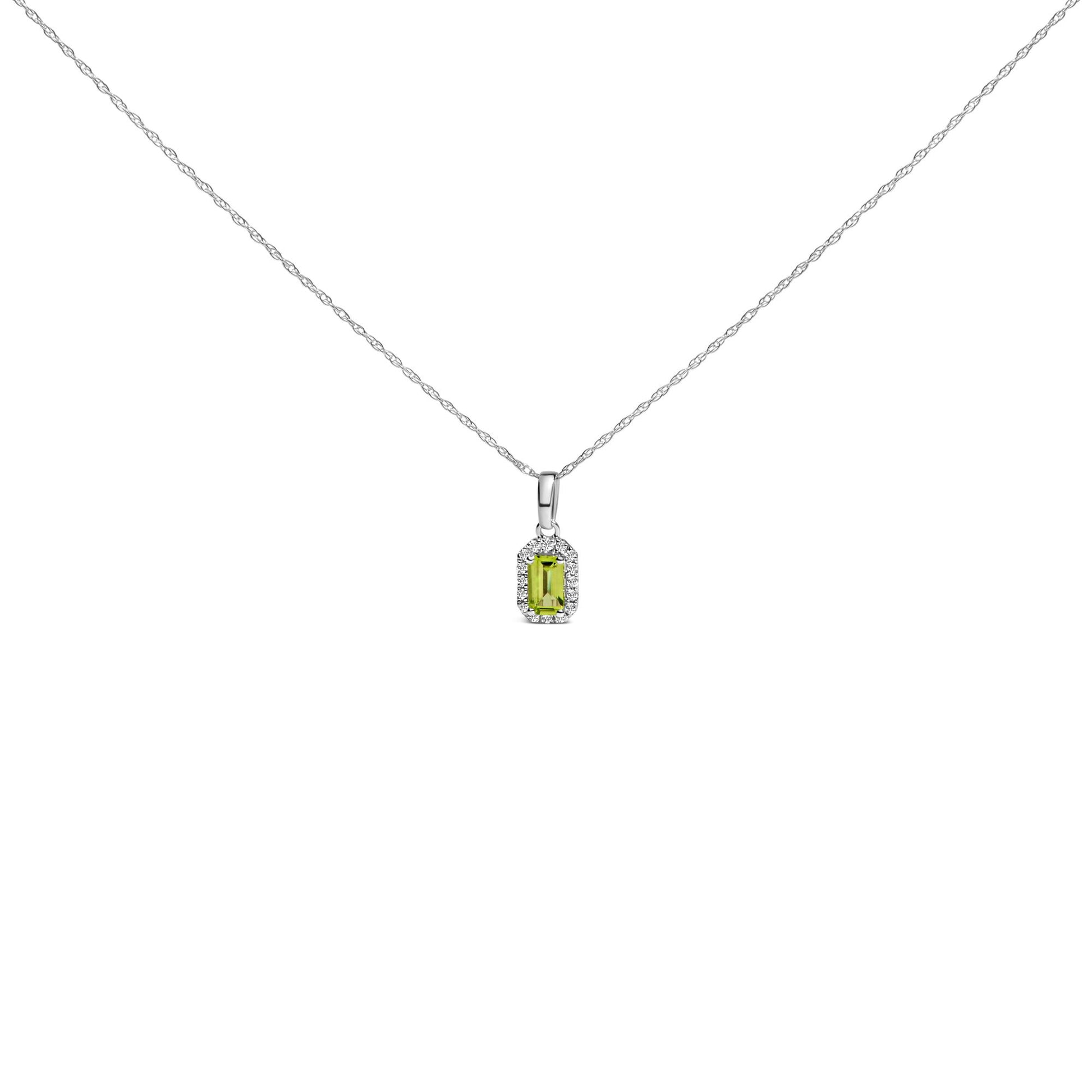 Front view of a white necklace with a pendant featuring a yellow emerald-shaped gemstone surrounded by small round white gemstones in a micro-pave setting.