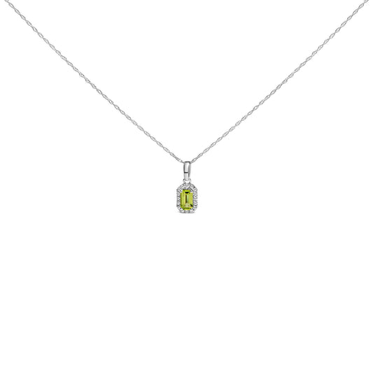 Front view of a white necklace with a pendant featuring a yellow emerald-shaped gemstone surrounded by small round white gemstones in a micro-pave setting.