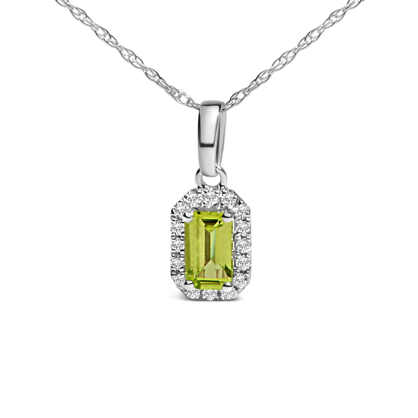 Front view of white necklace pendant featuring a rectangular yellow gemstone surrounded by small white gemstones in a micro-pave setting.