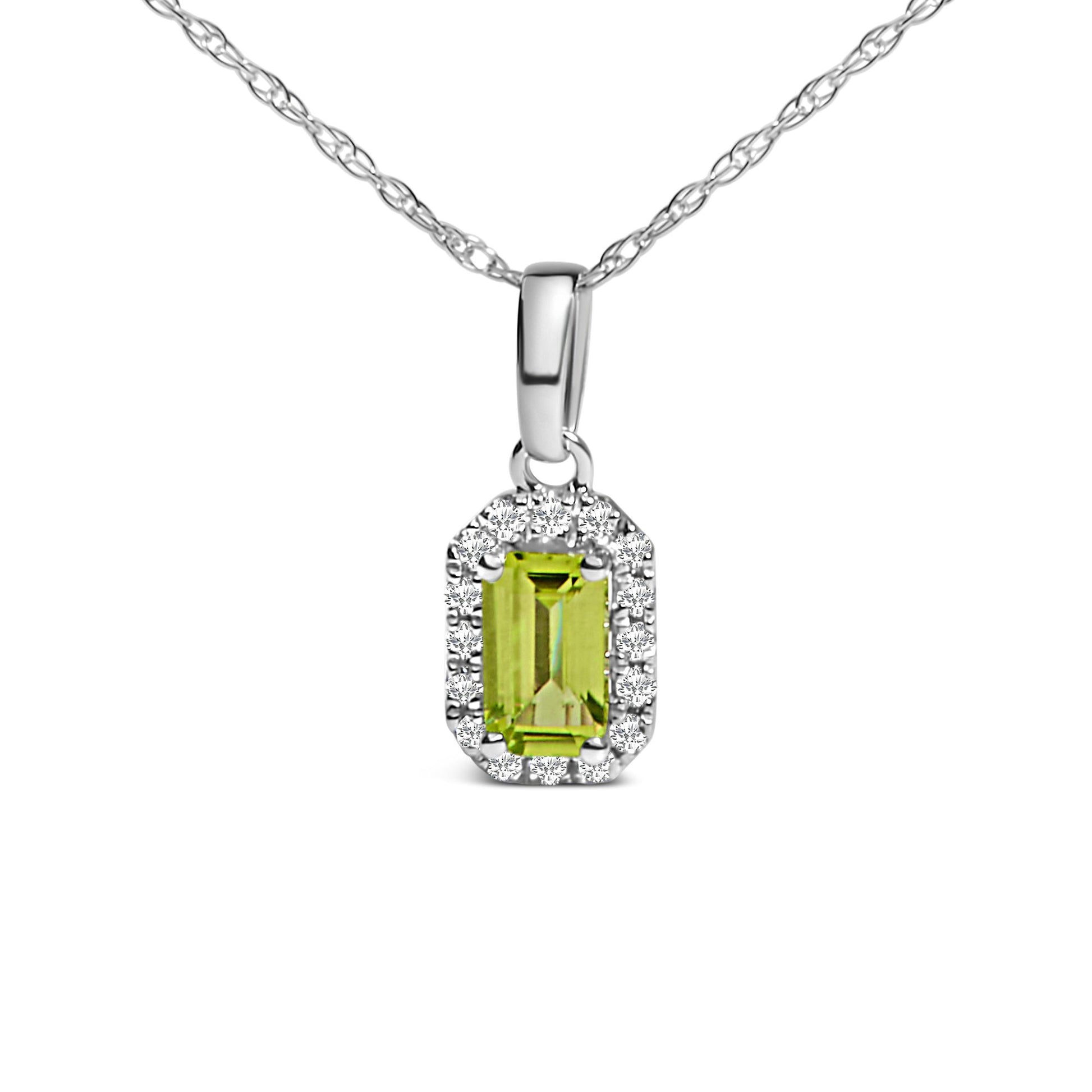 Front view of white necklace pendant featuring a rectangular yellow gemstone surrounded by small white gemstones in a micro-pave setting.