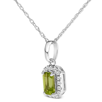 Close-up front angle of a white necklace with a pendant featuring a rectangular yellow gemstone surrounded by small round white gemstones in a micro-pave setting.