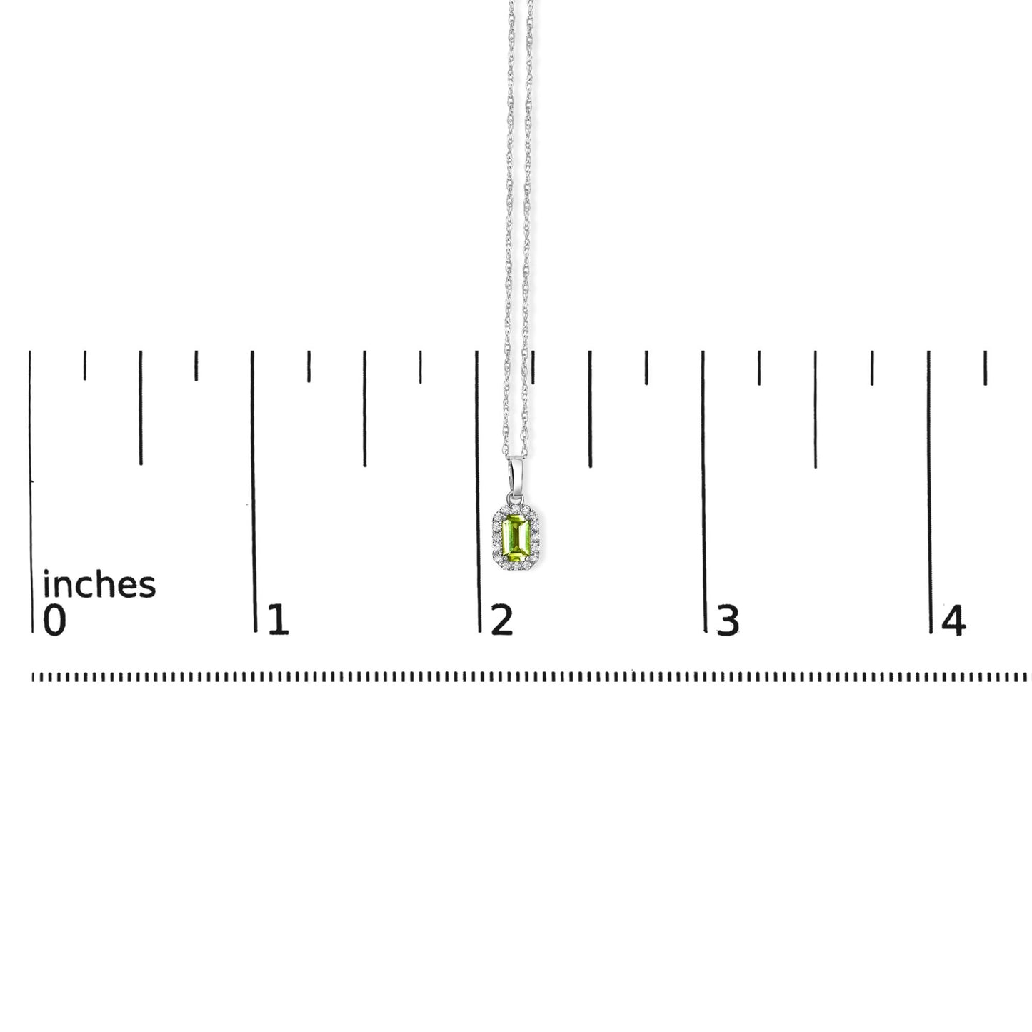 White metal necklace with a rectangular yellow gemstone pendant surrounded by small white gemstones, shown hanging vertically above a ruler for size reference.