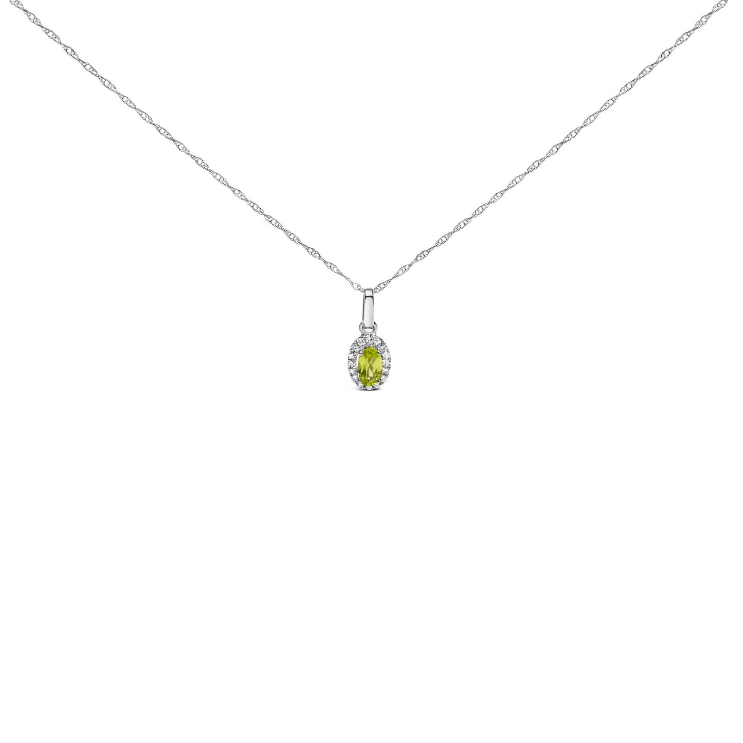 Front-facing shot of a white necklace with a small oval yellow gemstone pendant surrounded by round white gemstones.