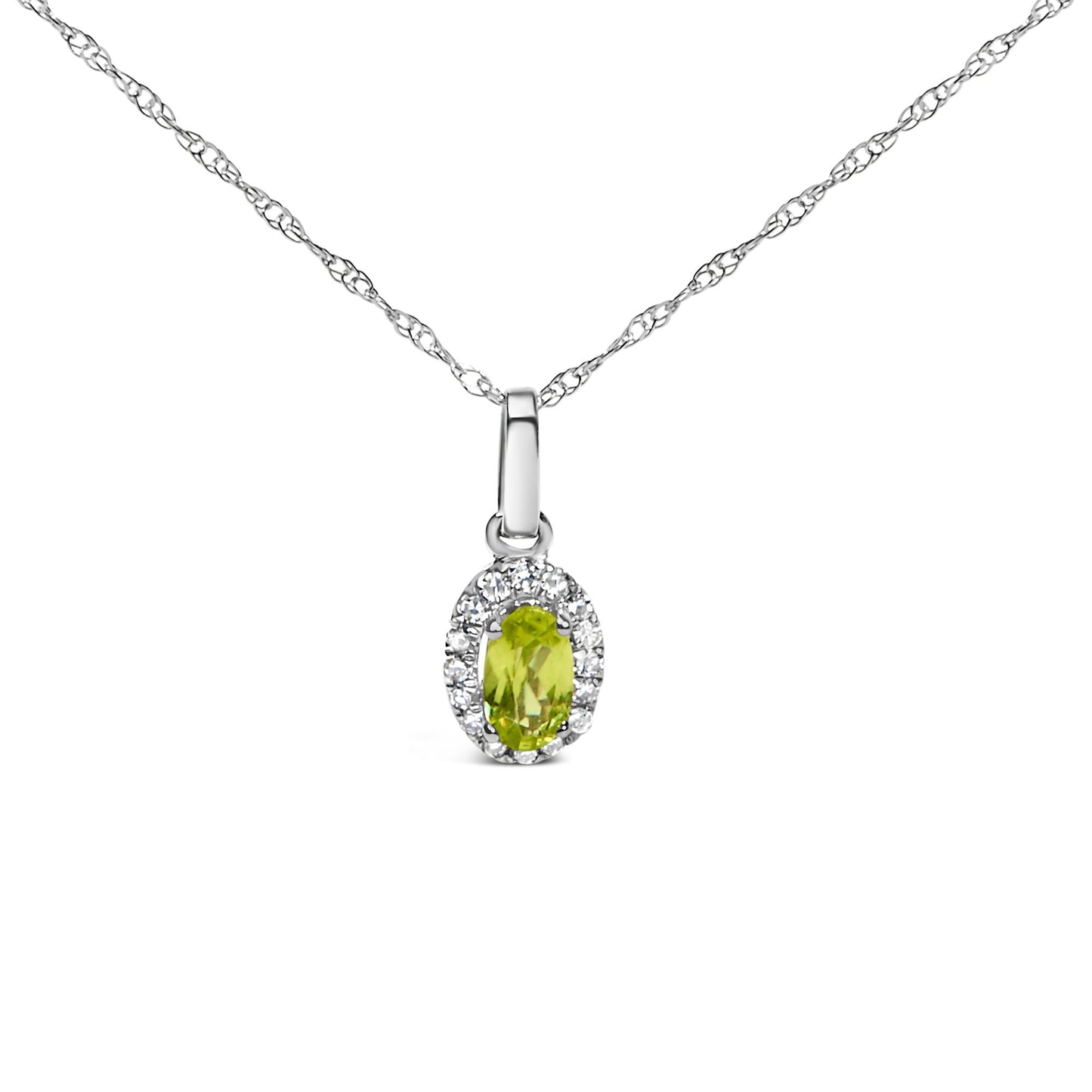 Front view of a white metal necklace with an oval yellow gemstone pendant surrounded by small round white gemstones in a micro-pave setting.