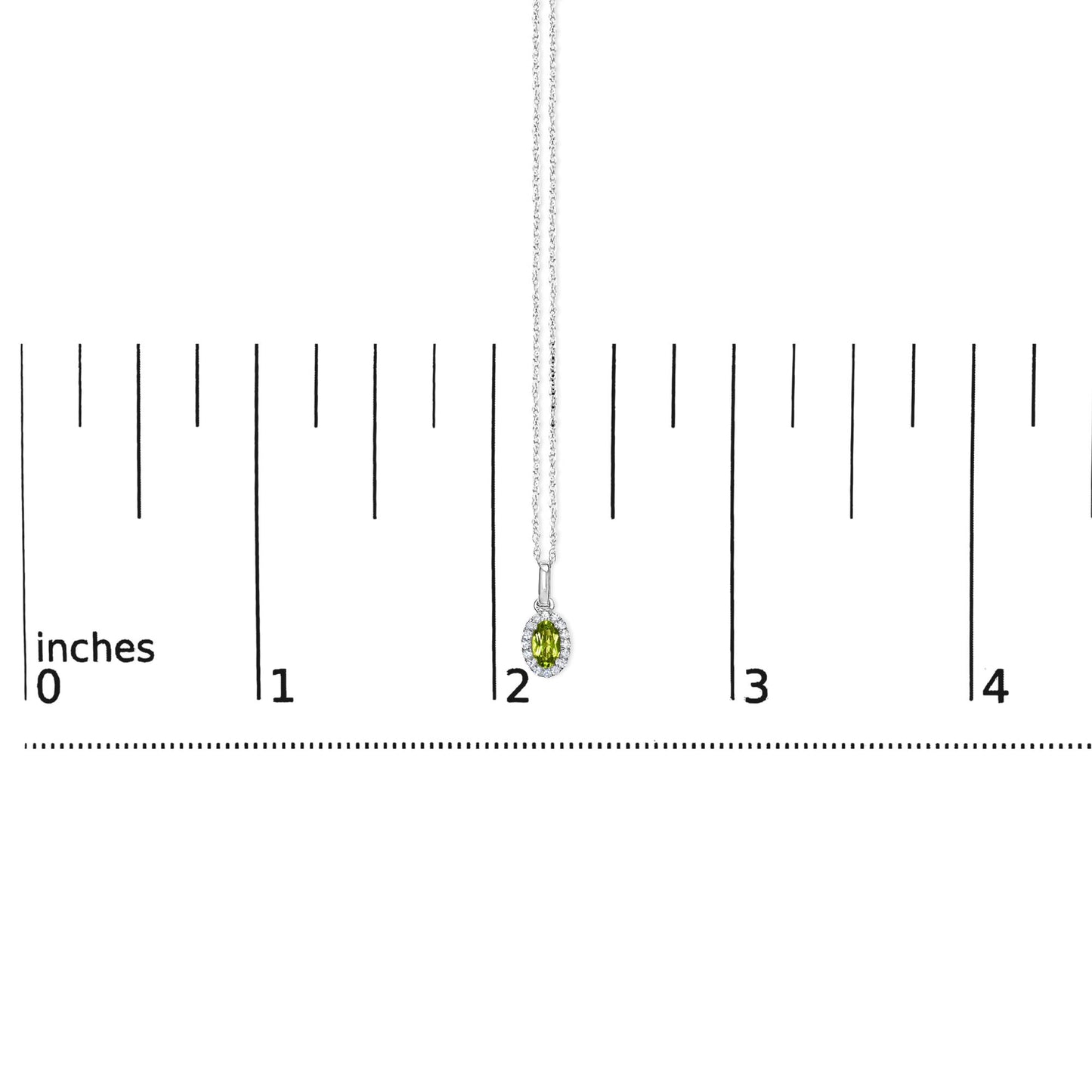 White metal necklace with oval yellow gemstone pendant surrounded by small round white gemstones in micro-pave setting, hanging on a ruler for size reference, shot from the front.